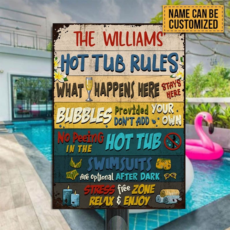 Hot Tub Rules What Happens Here Custom Classic Metal Signs, Funny Hot Tub Signs, Hot Tub Decorating Ideas