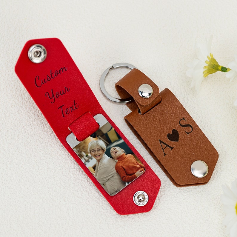 Personalized Mens Leather Keychain with Photo, Metal Tag Photo Keychain, Engraved Key Chain, Gifts for Couples, Valetine's Day Gifts