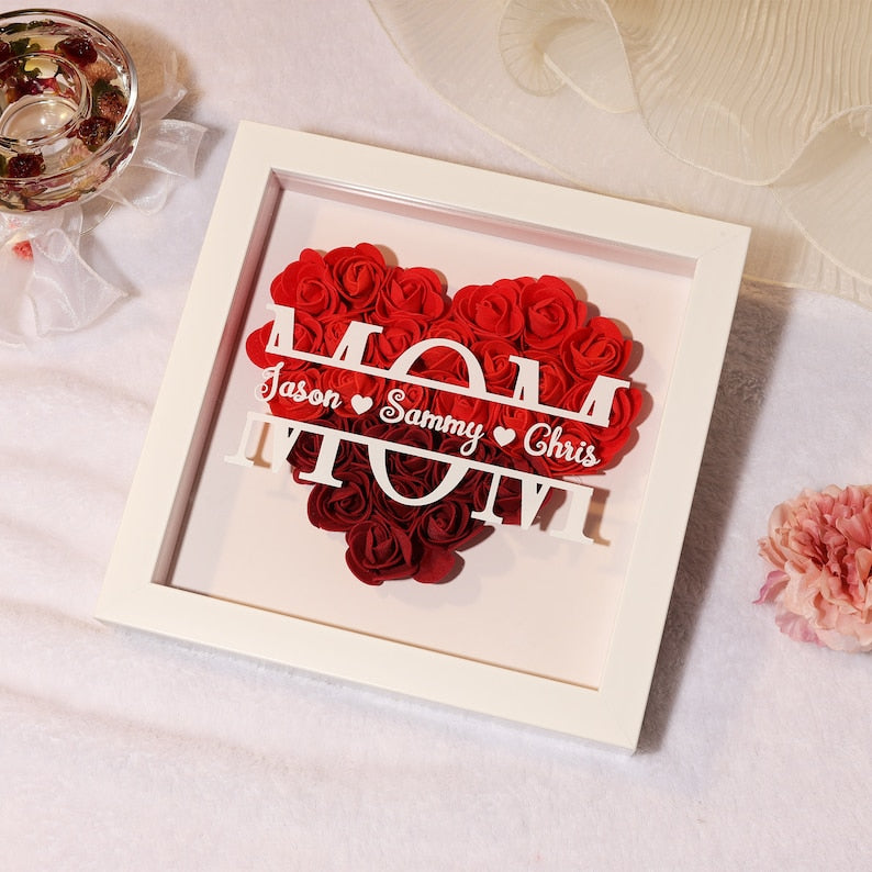 Personalized Flower Heart Shadow Box for Mom,Roses Shadowbox with Names,Custom Frame Gift for Mother's Day,Gift for Mom and Grandma Nana