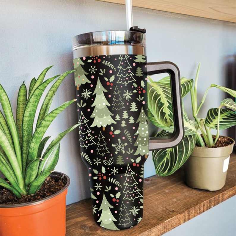 Christmas Tumbler 30oz/40oz, Christmas Tree Cup Retro Cup, Merry Christmas Tumbler with Lid and Straw, Christmas Tree Doodles Holiday Tumber