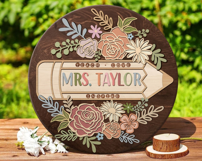 Personalized 3D Teacher Door Hanger, Teacher Door Sign, Custom Teacher Name Sign, Back to School Gift, Classroom Decor, Floral Wooden Sign