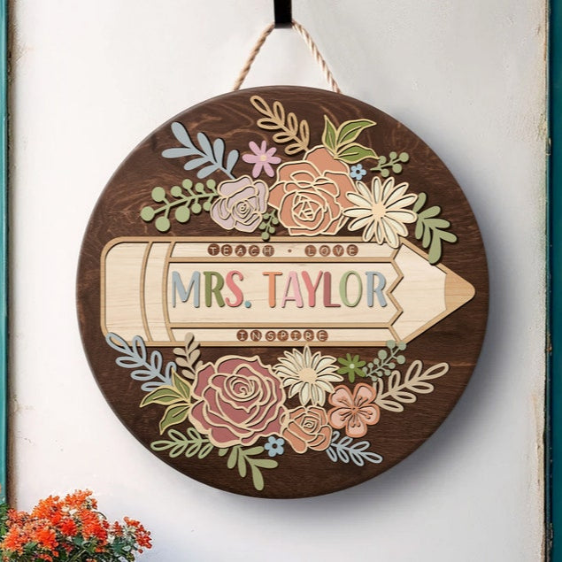 Personalized 3D Teacher Door Hanger, Teacher Door Sign, Custom Teacher Name Sign, Back to School Gift, Classroom Decor, Floral Wooden Sign