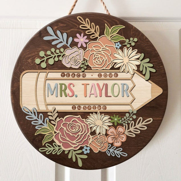 Personalized 3D Teacher Door Hanger, Teacher Door Sign, Custom Teacher Name Sign, Back to School Gift, Classroom Decor, Floral Wooden Sign