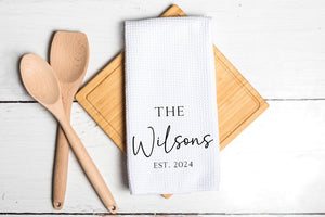 Personalized Last Name Waffle Weave Kitchen Towel, Housewarming Gift
