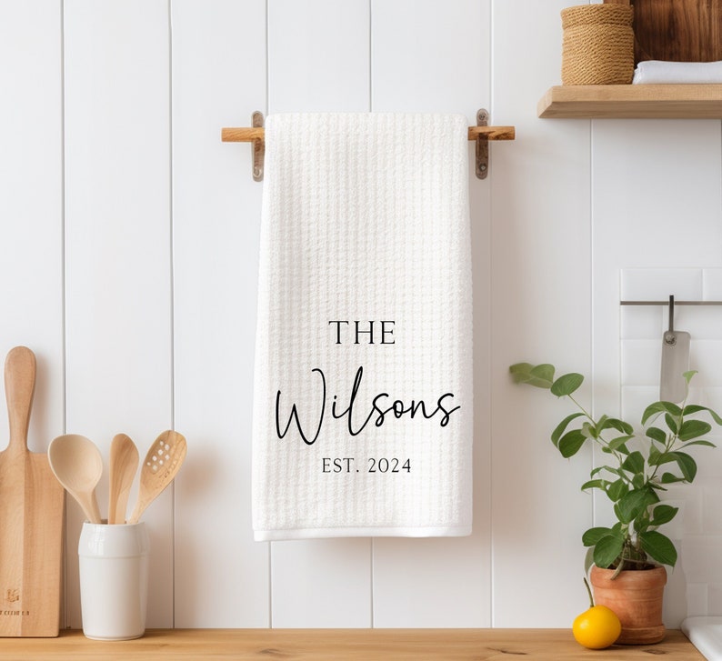 Personalized Last Name Waffle Weave Kitchen Towel, Housewarming Gift