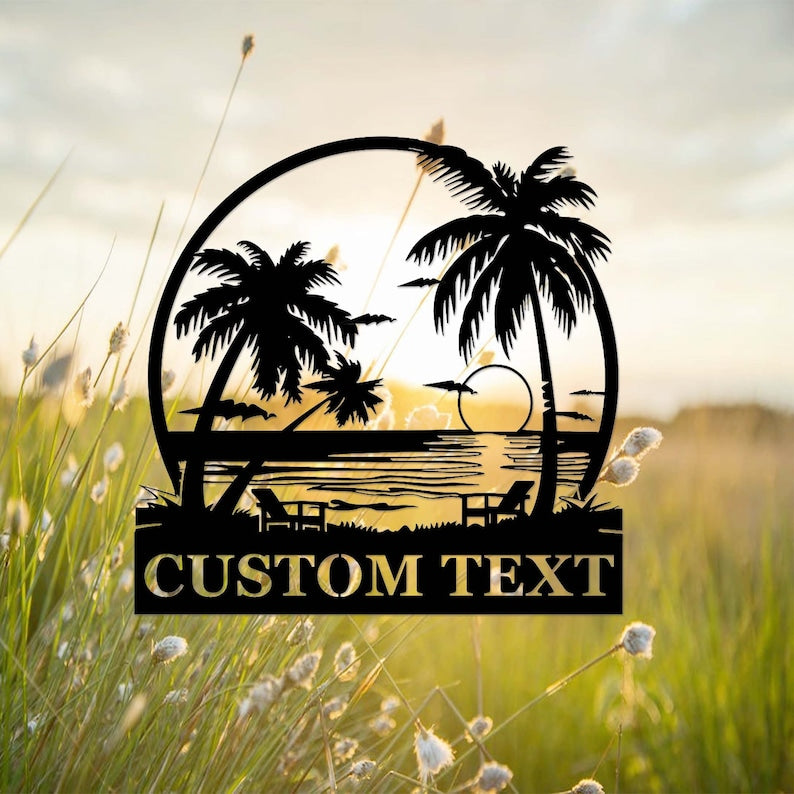 Custom Beach Palm Tree Sign,Metal Beach House Sign,Personalized Name Beach Sign,Nautical Decor,Lake House Sign Decor,Beach Sunset Wall Art