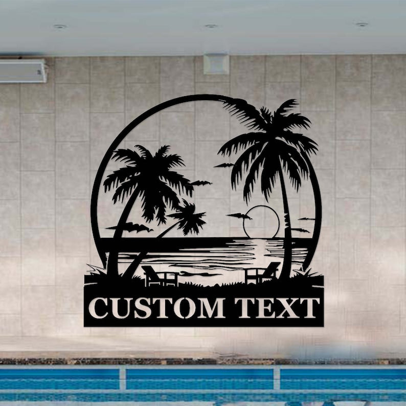 Custom Beach Palm Tree Sign,Metal Beach House Sign,Personalized Name Beach Sign,Nautical Decor,Lake House Sign Decor,Beach Sunset Wall Art