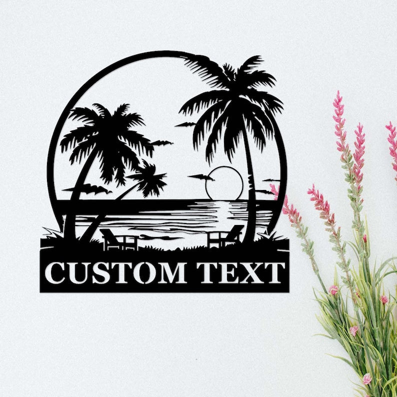 Custom Beach Palm Tree Sign,Metal Beach House Sign,Personalized Name Beach Sign,Nautical Decor,Lake House Sign Decor,Beach Sunset Wall Art