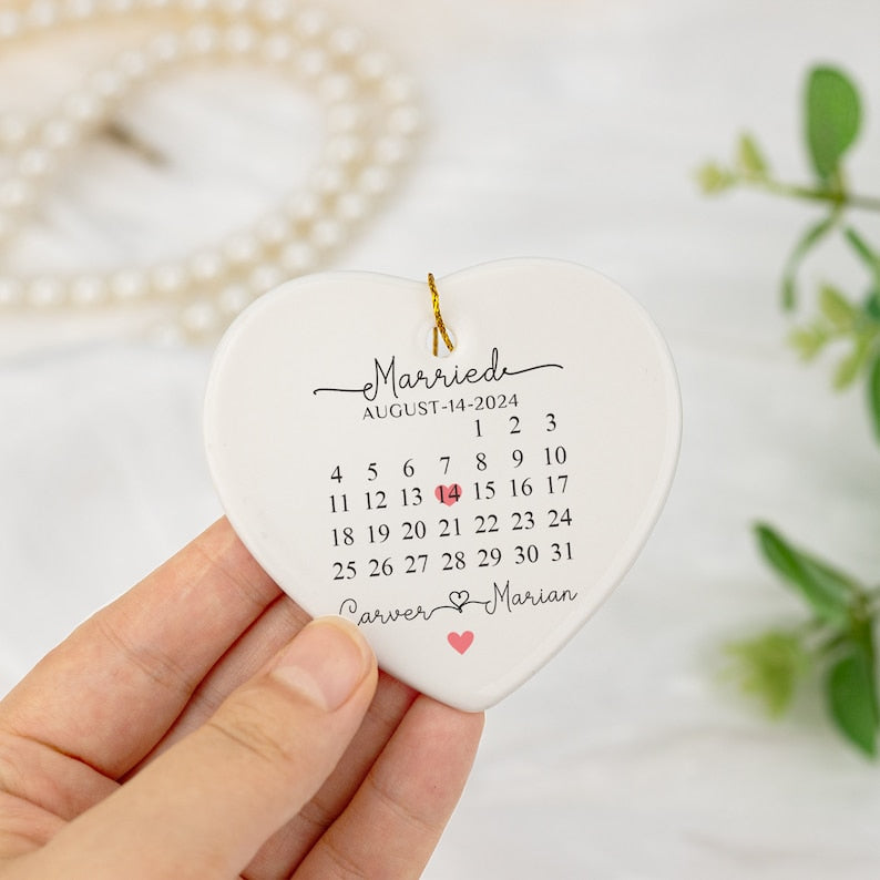 Personalised Married Calendar Date Ceramic Bauble, Wedding Day Keepsake, Married Calendar Date, Heart Ornament for Couples