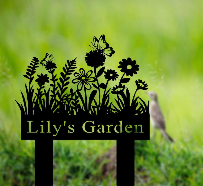 Custom Garden Sign with Stake, Flower Design Personalized Garden Sign, Gardener Name Sign, Yard Sign, Mom's Metal Garden Sign, Porch Decor