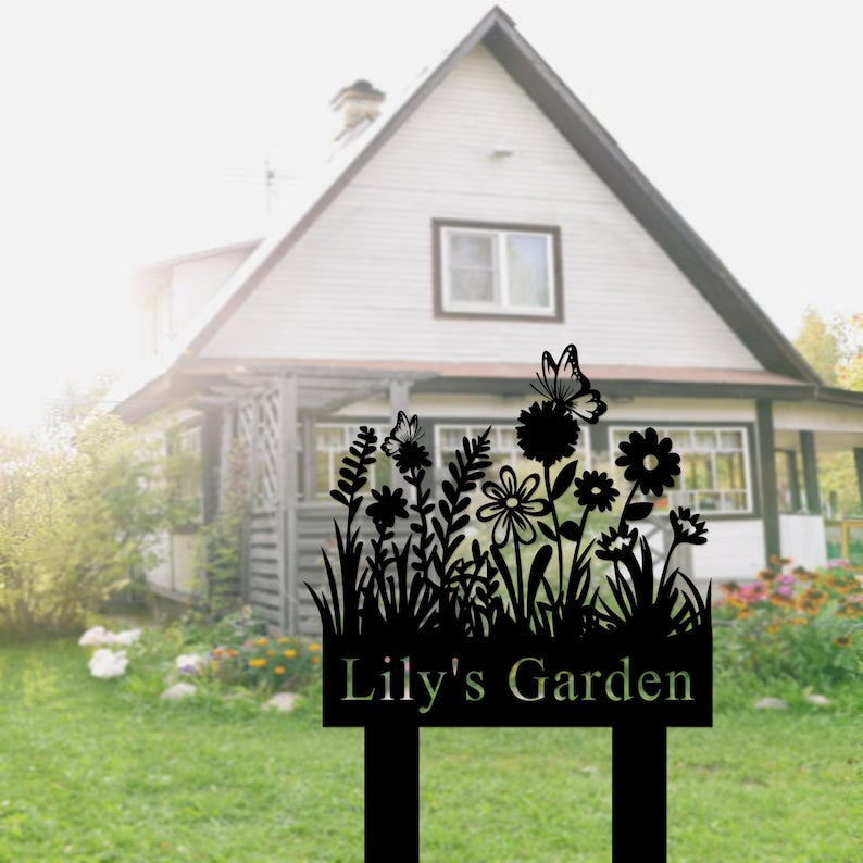 Custom Garden Sign with Stake, Flower Design Personalized Garden Sign, Gardener Name Sign, Yard Sign, Mom's Metal Garden Sign, Porch Decor