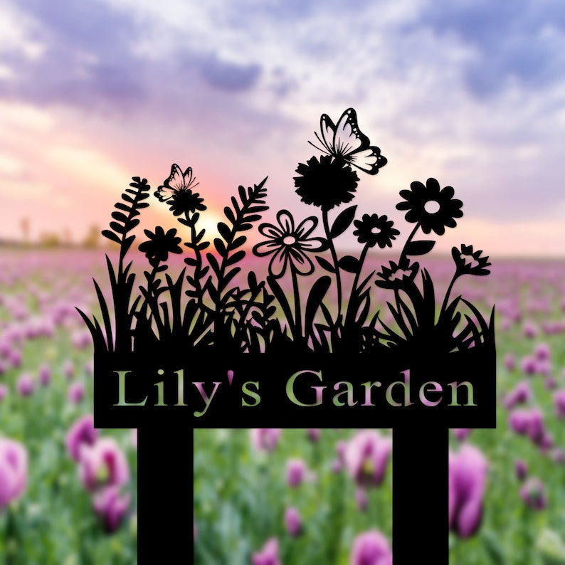 Custom Garden Sign with Stake, Flower Design Personalized Garden Sign, Gardener Name Sign, Yard Sign, Mom's Metal Garden Sign, Porch Decor