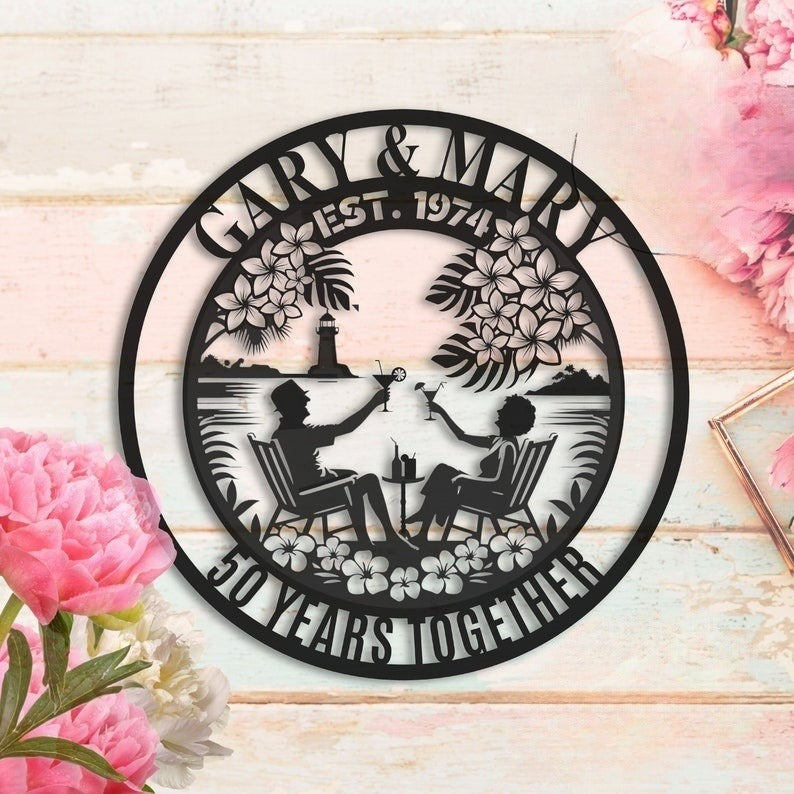 50th Anniversary Gift For Parents Custom Wedding Anniversary Gift For Couple Wife Metal Wall Art Sign Golden Wedding Tropical Coastal Summer