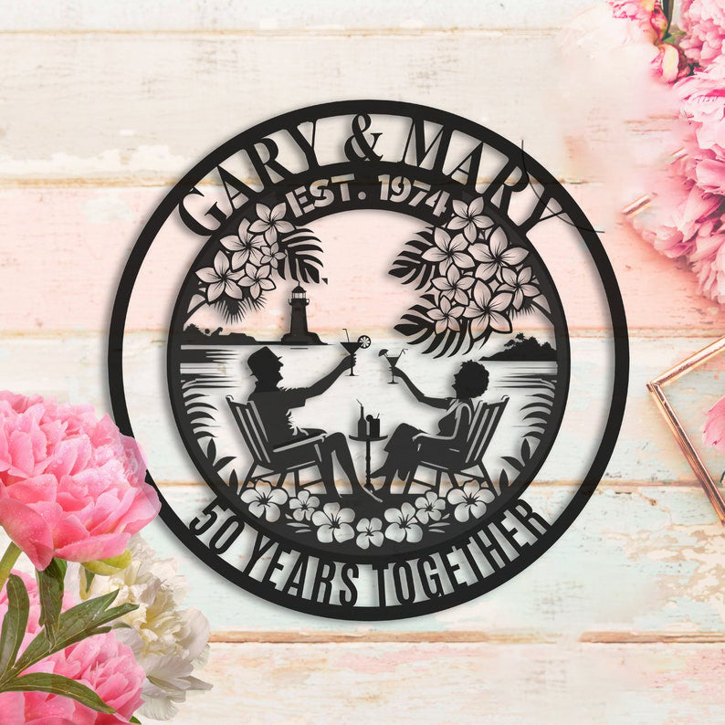 50th Anniversary Gift For Parents Custom Wedding Anniversary Gift For Couple Wife Metal Wall Art Sign Golden Wedding Tropical Coastal Summer