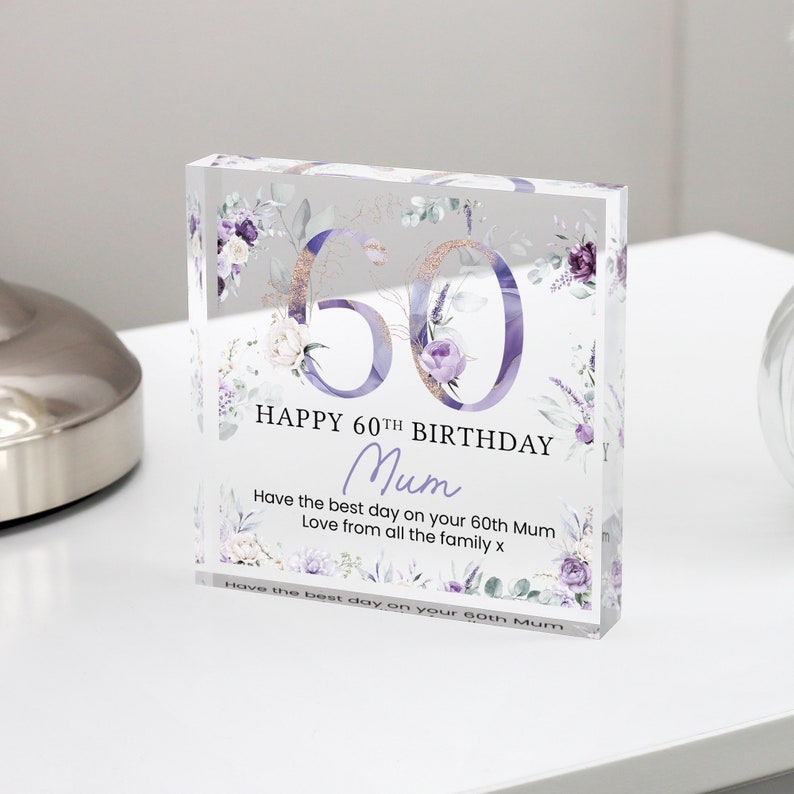 Personalised Happy 60th Birthday Gift Plaque, Purple Floral Birthday Gift For Her, 60th Birthday Gifts, Pink 60th Gift, Gifts for Her