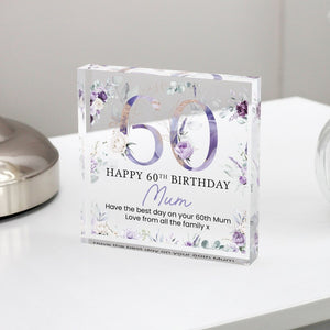 Personalised Happy 60th Birthday Gift Plaque, Purple Floral Birthday Gift For Her, 60th Birthday Gifts, Pink 60th Gift, Gifts for Her