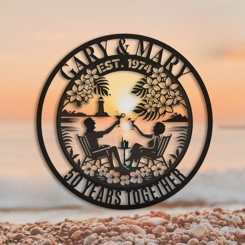 50th Anniversary Gift For Parents Custom Wedding Anniversary Gift For Couple Wife Metal Wall Art Sign Golden Wedding Tropical Coastal Summer