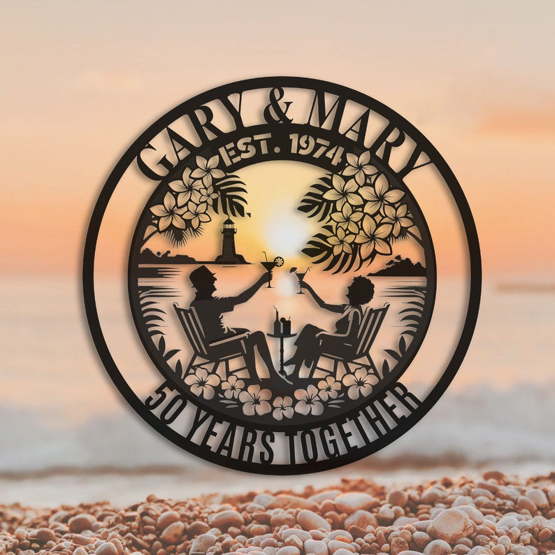 50th Anniversary Gift For Parents Custom Wedding Anniversary Gift For Couple Wife Metal Wall Art Sign Golden Wedding Tropical Coastal Summer