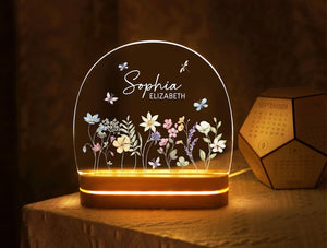 Custom Floral Butterfly Name Night Light, Birthday Gift for Her, Bedroom Bedside Light, Personalized Flower Garden Night Lamp, Nursery Decor