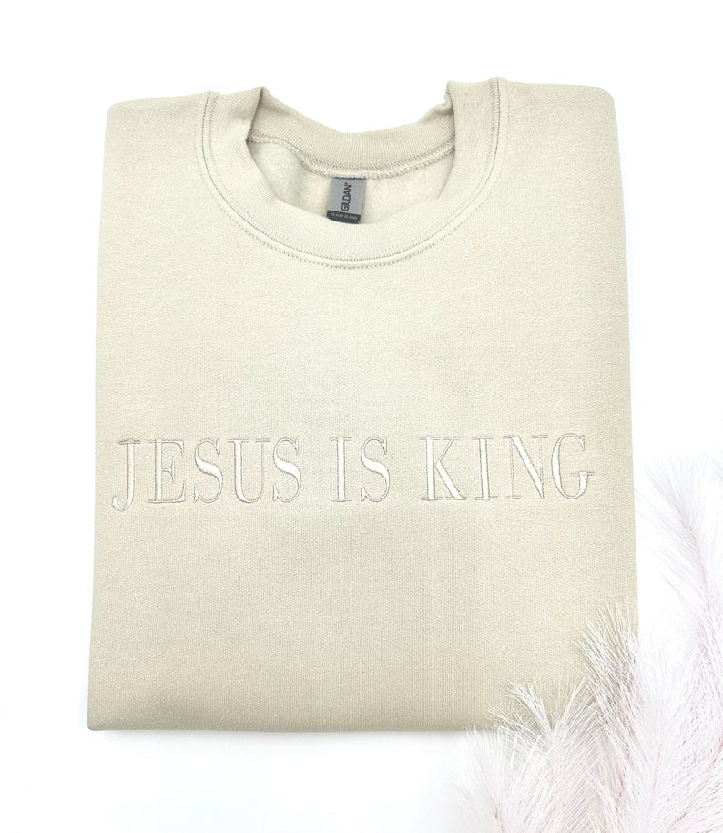 Embroidered Jesus Is King Sweatshirt-Hoodie, Christian Embroidery, Faith Based Apparel, Style Adult Unisex Sweater, Christian Holiday Gift il_794xN.6079637060_60iy.jpg