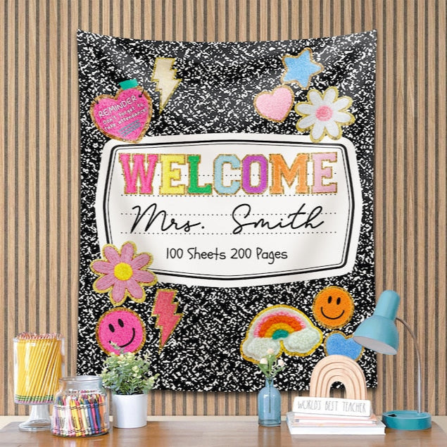 Personalized Teacher Classroom Tapestry, Teacher Gift, Classroom Decor, Custom Teacher Name Tapestry, Composition Book Classroom Banner