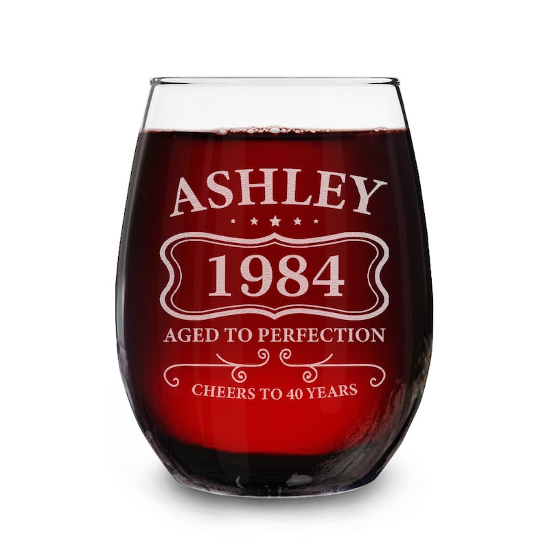 Personalized Aged To Perfection Birthday Custom Engraved Name, Year, Age Stemless Wine Glass 15 oz. Custom Stemless Wine Glass Birthday Gift