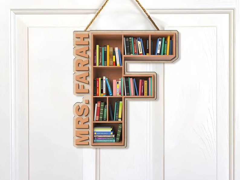Personalized Classroom Door Sign, 2 Layer Art Piece Door Sign For School Librarian, Letter & Name Wood Sign, School Library Gifts