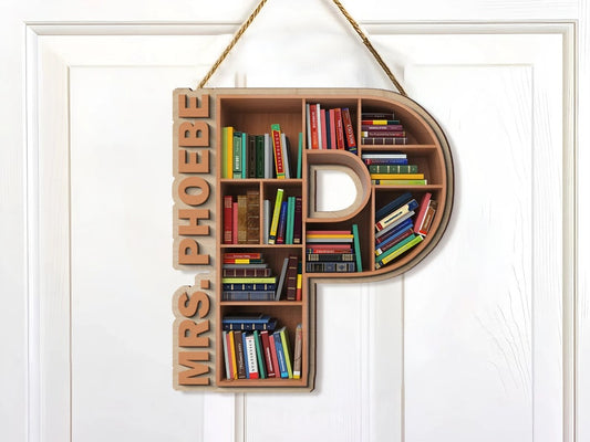 Personalized Classroom Door Sign, 2 Layer Art Piece Door Sign For School Librarian, Letter & Name Wood Sign, School Library Gifts