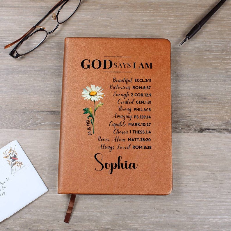 Prayer Journal Christian Gift for Women Personalized God Says I Am Custom Leather Diary Religious Birthday Christmas Graduation Gift for Her