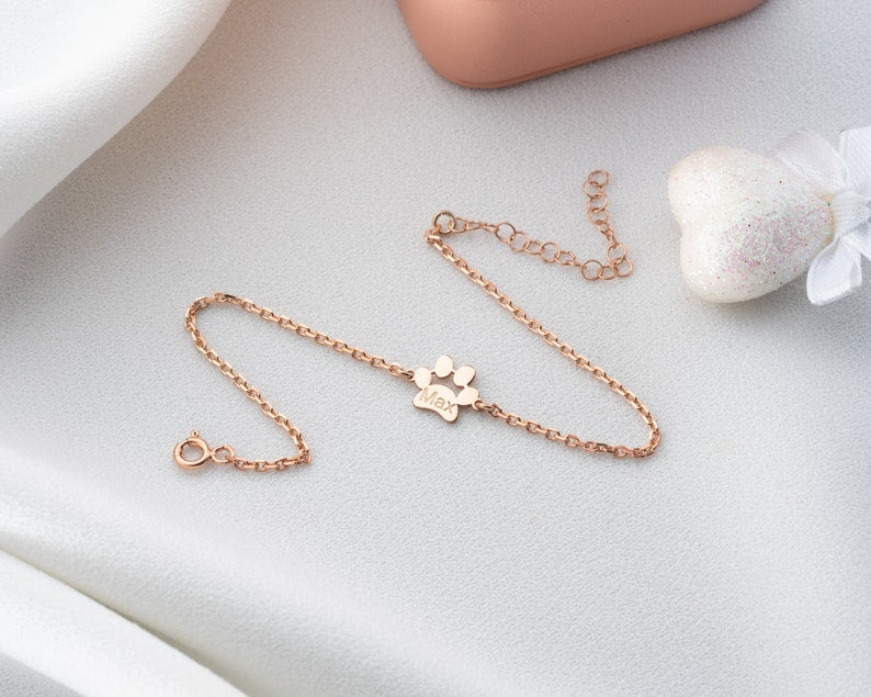 Sterling Silver Paw Print Bracelet Personalized Dog Paw Bracelet Gold Tiny Paw Bracelet Paw Name Bracelet Custom Pet Bracelet Dog Lover Gift