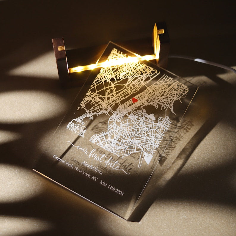 Personalized Our First Date Map Night Light, Custom Map Print Acrylic Plaque, Where It All Began Map LED Night Lamp, Unique Anniversary Gift