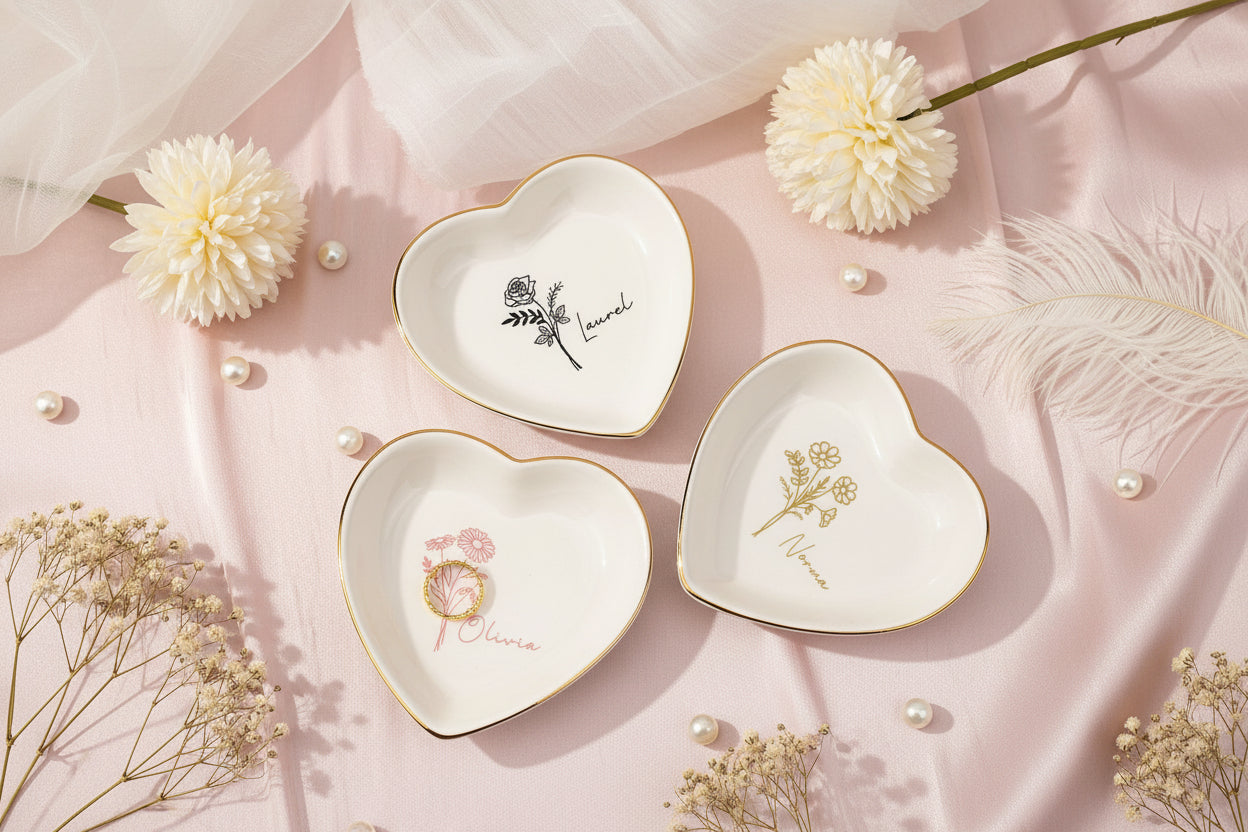 Custom Ring Dish with Birth Flower,Heart Shape Ceramic Jewelry Dish for Best Friend/Mom/Sister,Bridesmaid Bridal Shower Trinket Dish,Wedding