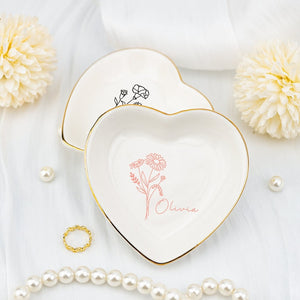 Custom Ring Dish with Birth Flower,Heart Shape Ceramic Jewelry Dish for Best Friend/Mom/Sister,Bridesmaid Bridal Shower Trinket Dish,Wedding
