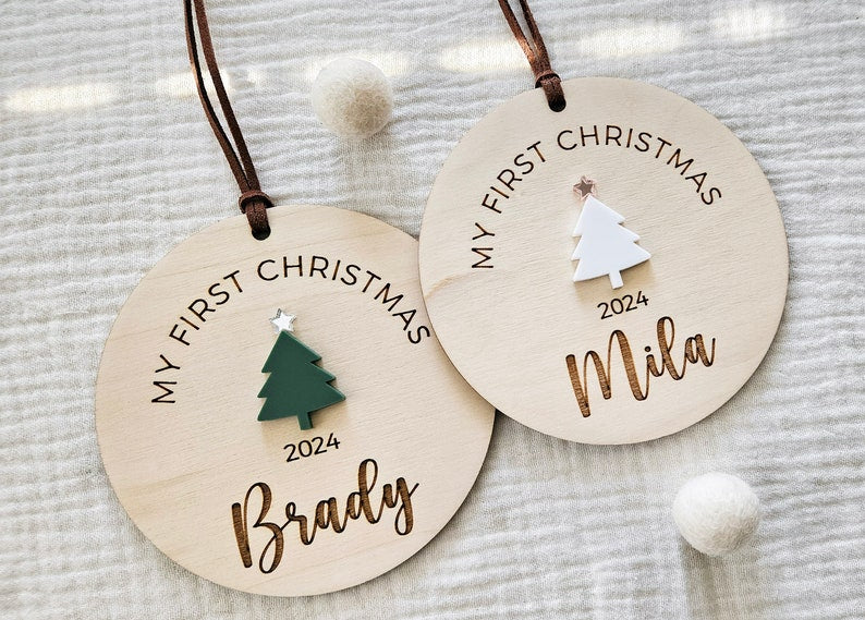Baby's First Christmas Ornament | Personalized Baby's Name Ornament | First Christmas 2024 Wood Acrylic Sign