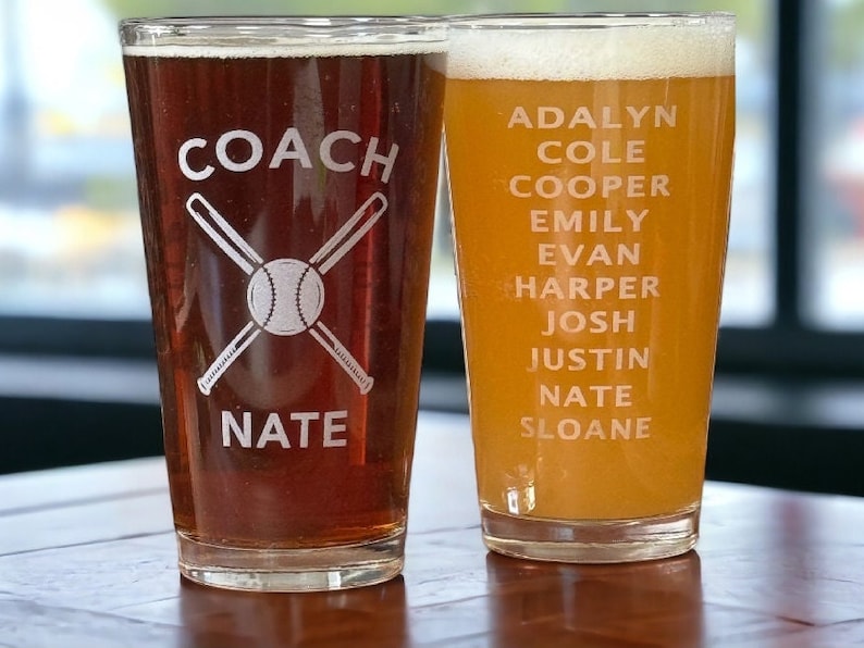 Personalized Baseball Coach Pint Glass Double Sided - Baseball Coaches Gift from Team - Custom Softball Coach Gift - Baseball End of Season