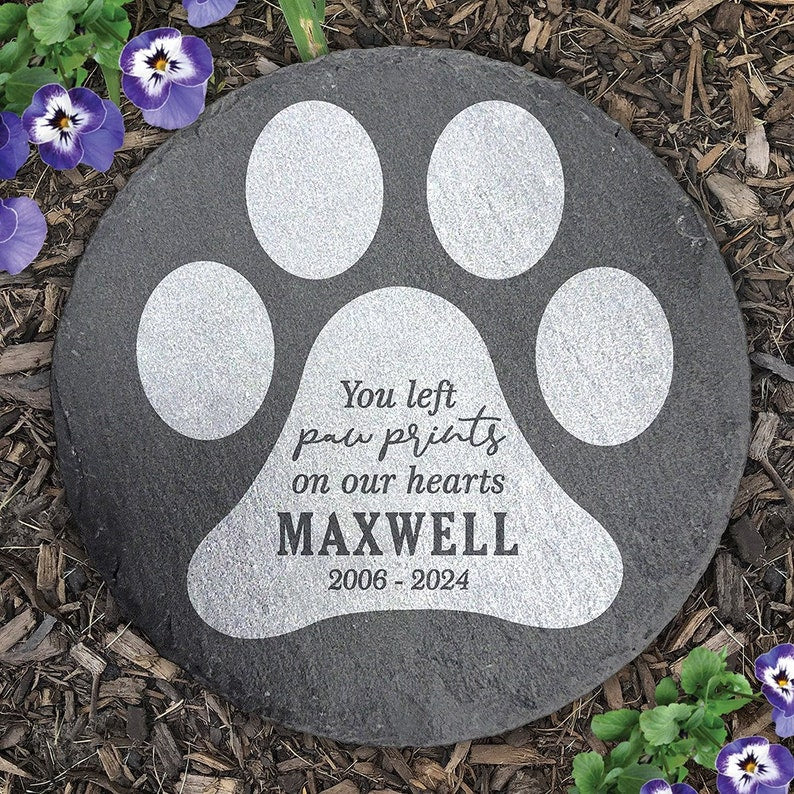 Engraved Paw Prints on Our Hearts Paw Print Shaped Personalized Pet Memorial Garden Stone, dog grave marker, custom, dog memorial stone il_794xN.6089924668_m3de.jpg