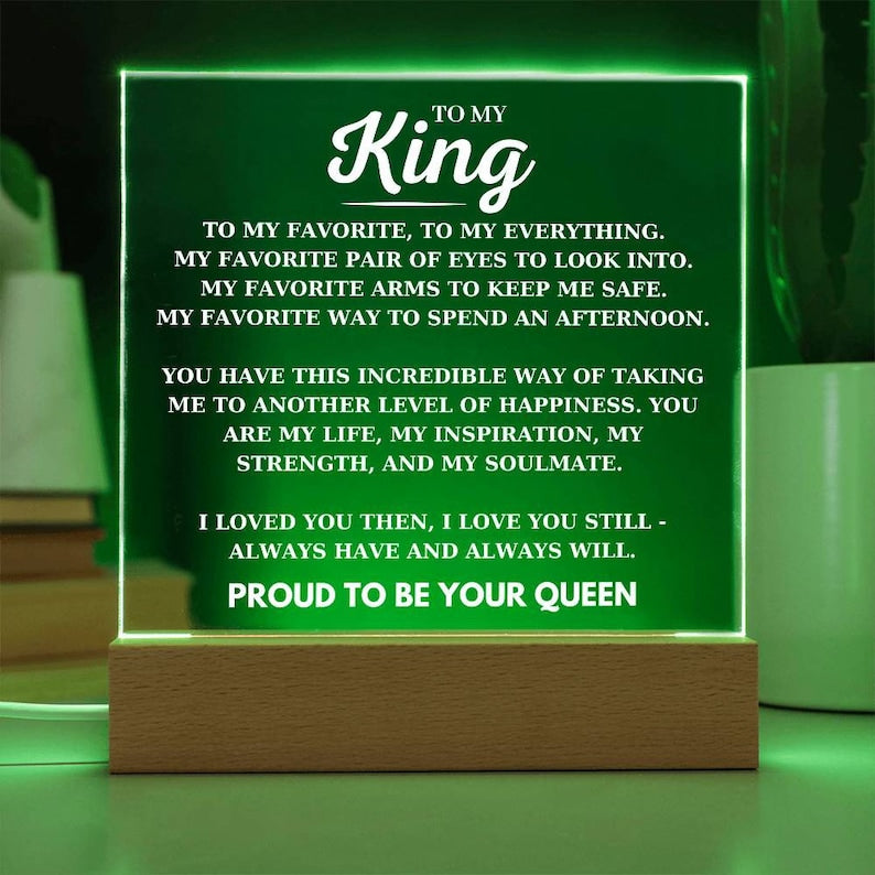 To My King Desk Plaque from Your Proud Queen, Boyfriend Birthday Acrylic Square Plaque, Husband Favorite Person LED Light Up Acrylic Plaque