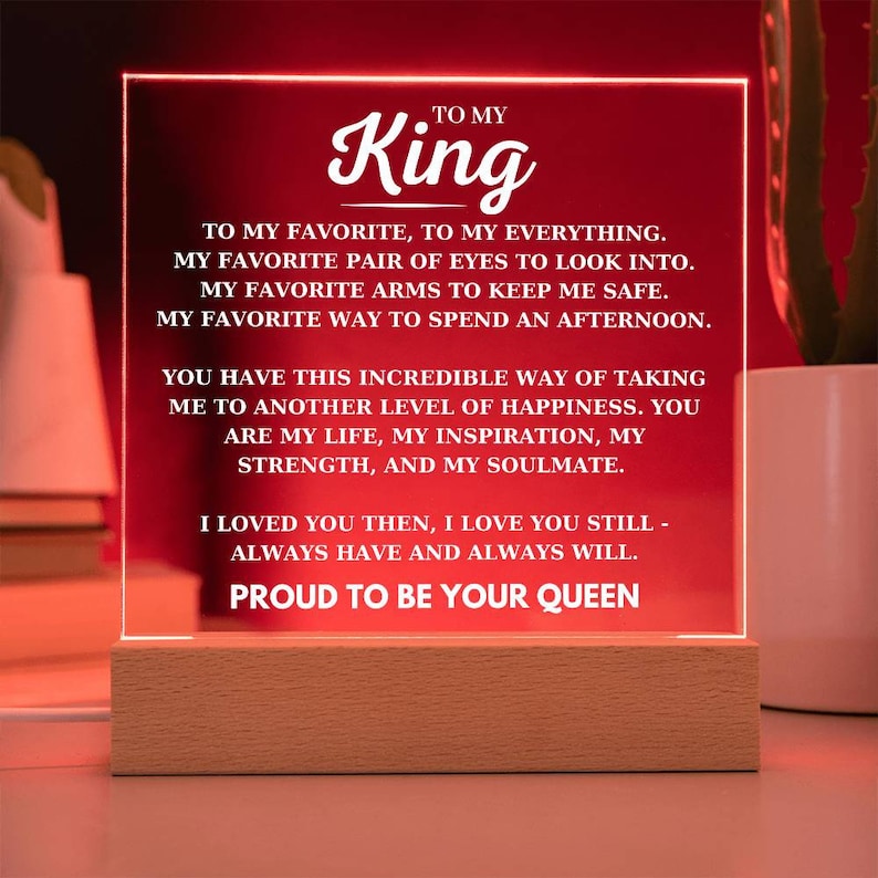 To My King Desk Plaque from Your Proud Queen, Boyfriend Birthday Acrylic Square Plaque, Husband Favorite Person LED Light Up Acrylic Plaque