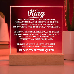 To My King Desk Plaque from Your Proud Queen, Boyfriend Birthday Acrylic Square Plaque, Husband Favorite Person LED Light Up Acrylic Plaque