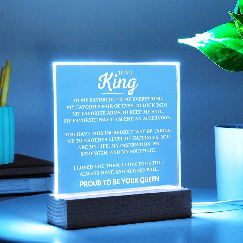 To My King Desk Plaque from Your Proud Queen, Boyfriend Birthday Acrylic Square Plaque, Husband Favorite Person LED Light Up Acrylic Plaque