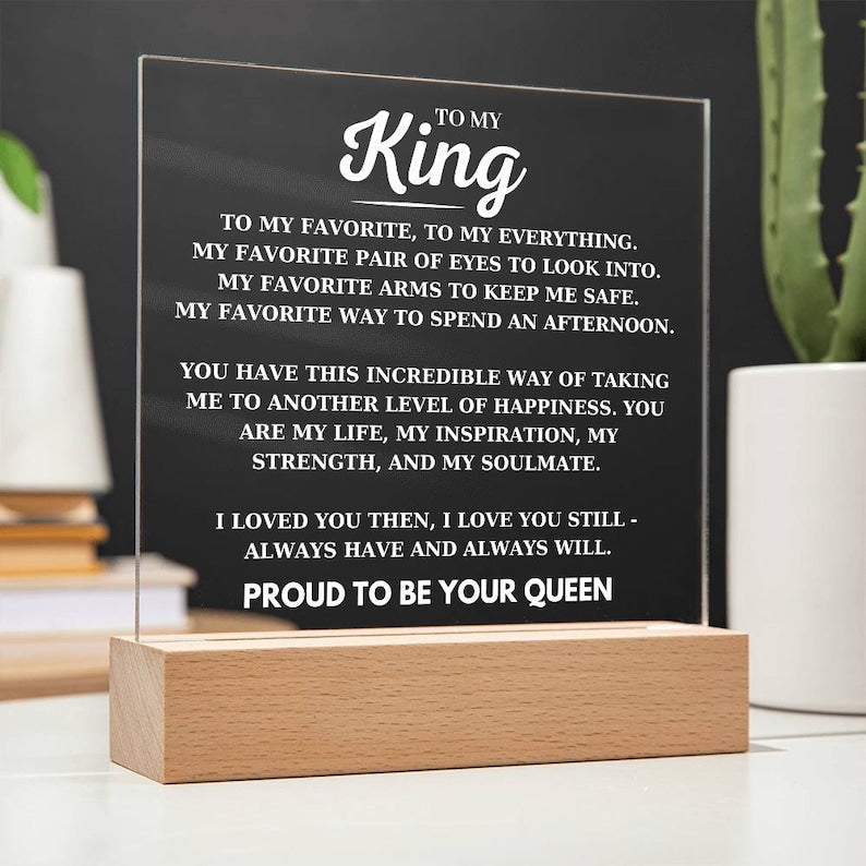 To My King Desk Plaque from Your Proud Queen, Boyfriend Birthday Acrylic Square Plaque, Husband Favorite Person LED Light Up Acrylic Plaque
