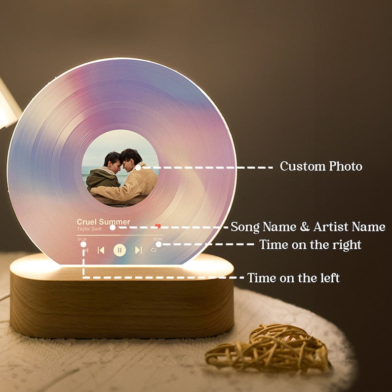 Personalised Vinyl Record Night Light, Music with Photo Acrylic Plaque, Bedroom Decor, LED Nightlight, Unique Record Display, Gift for Lover