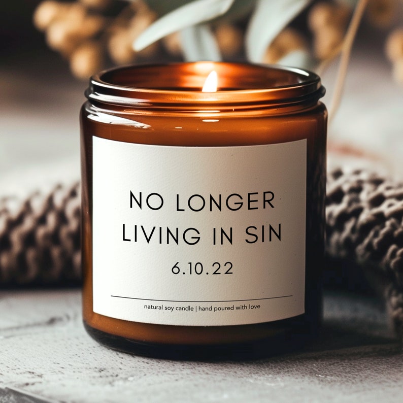 No Longer Living In Sin soy candle, Custom Wedding Gift, Funny Anniversary Gift, Personalized Wedding Gift For Husband, Wedding Date Candle