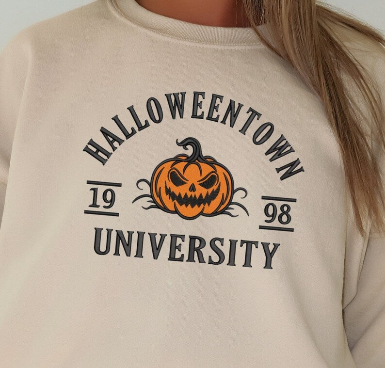 Halloween Town Embroidered Sweatshirt, Vintage Halloween Sweatshirt, Embroidered Halloween Crewneck, Halloween Pumpkin Sweatshirt