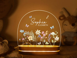 Custom Floral Butterfly Name Night Light, Birthday Gift for Her, Bedroom Bedside Light, Personalized Flower Garden Night Lamp, Nursery Decor