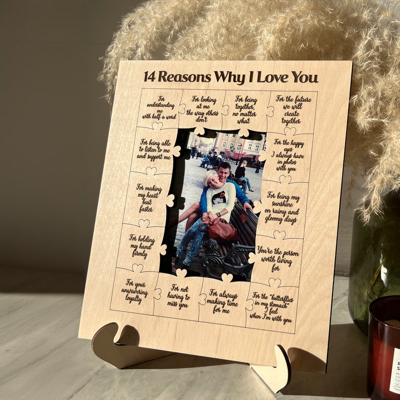 Personalized 14 Reasons Why I Love You Birthday Gift for Boyfriend Custom Wooden Puzzle Piece Collage Frame Valentines Gift Him Anniversary