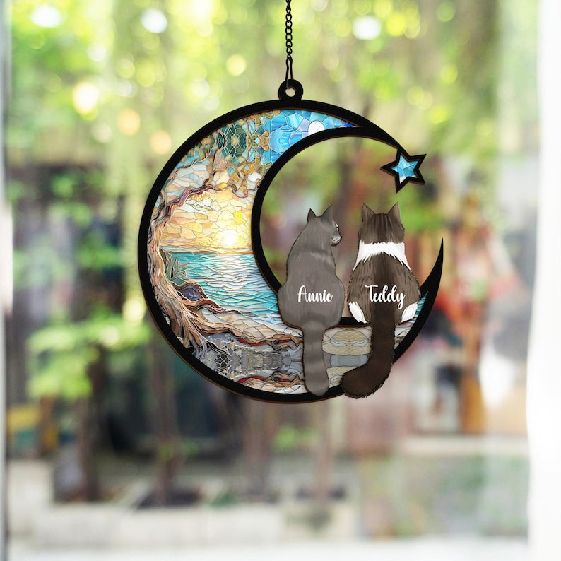 Custom Cat Memorial Suncatcher, Engraved Cat Lovers, Couple Cat On Moon Loss of Pet Sympathy Gift, Gift for Cat Lovers, Cat Memorial Gift