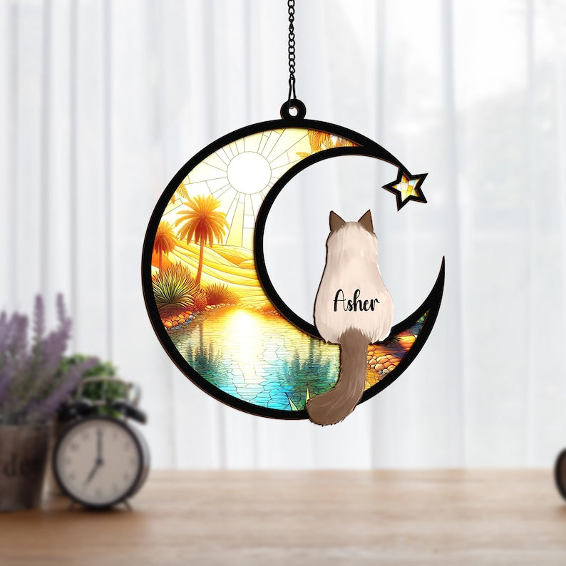 Custom Cat Memorial Suncatcher, Engraved Cat Lovers, Couple Cat On Moon Loss of Pet Sympathy Gift, Gift for Cat Lovers, Cat Memorial Gift