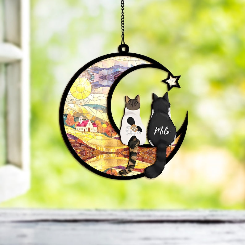 Custom Cat Memorial Suncatcher, Engraved Cat Lovers, Couple Cat On Moon Loss of Pet Sympathy Gift, Gift for Cat Lovers, Cat Memorial Gift