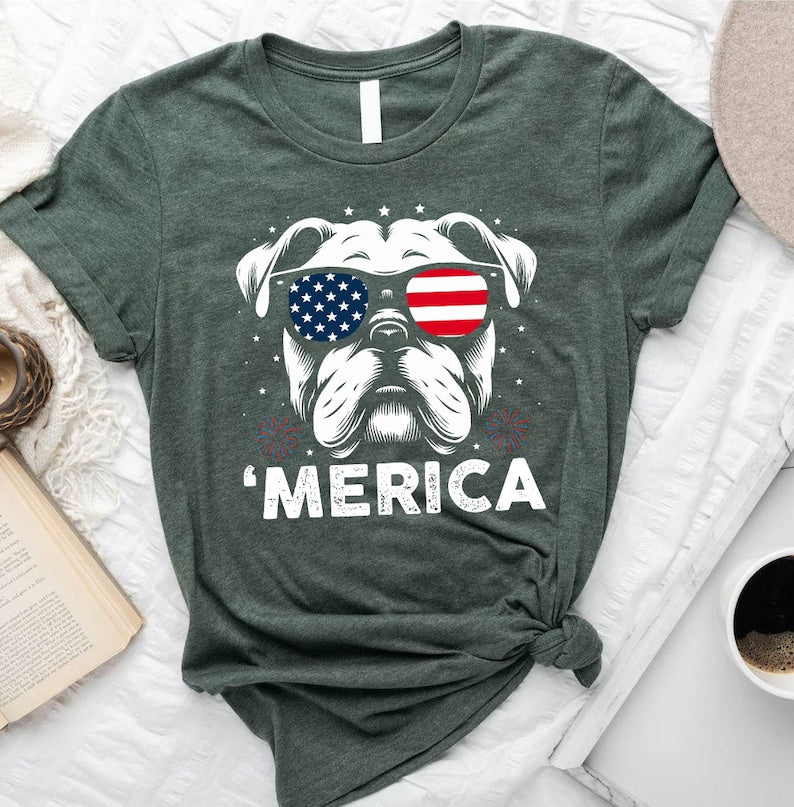 English Bulldog America Shirt | 4th of July Bulldog Tee | Patriotic Bulldog Shirt | USA Dog Lover Gift | USA Dog Shirt | American Flag Tee